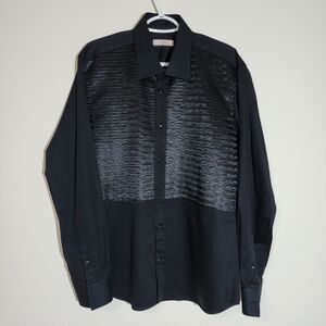 Connaisseur Paris Mens Button-Up Dress Shirt XL 43/44 Black Cotton Chest-Pleats